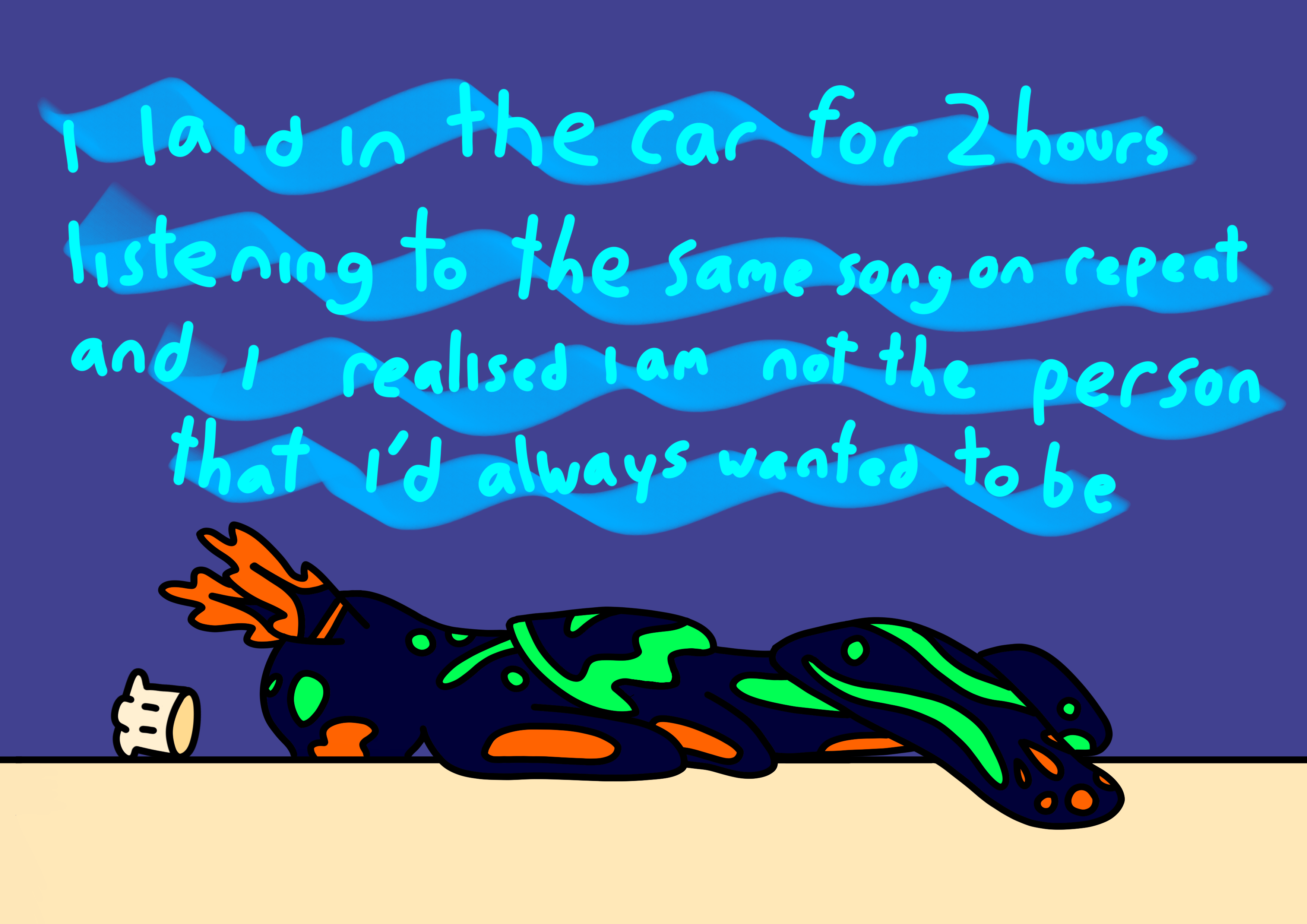 digital drawing of Marlon wlaying face down with lyrics to 'burnt and worn out' by fredo disco above him