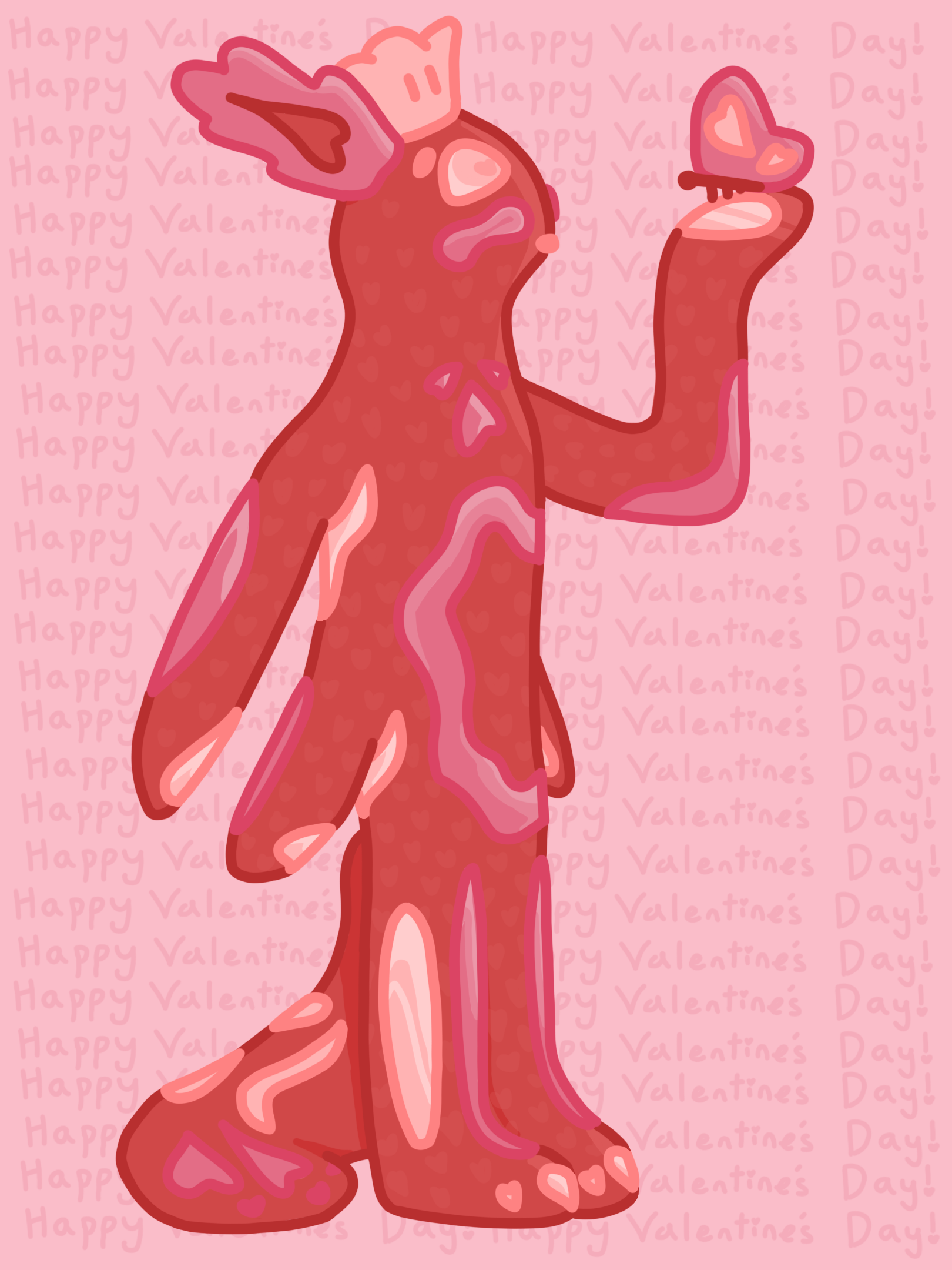digital drawing of a Marlon re coloured pink with a butterfly and repeating text stating 'happy valentines day' in the background